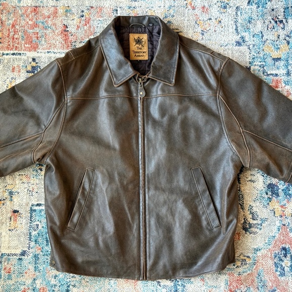 The Territory Ahead Leather Jacket L Brown Wool Lined Heavy Bomber Moto Style - Picture 1 of 7